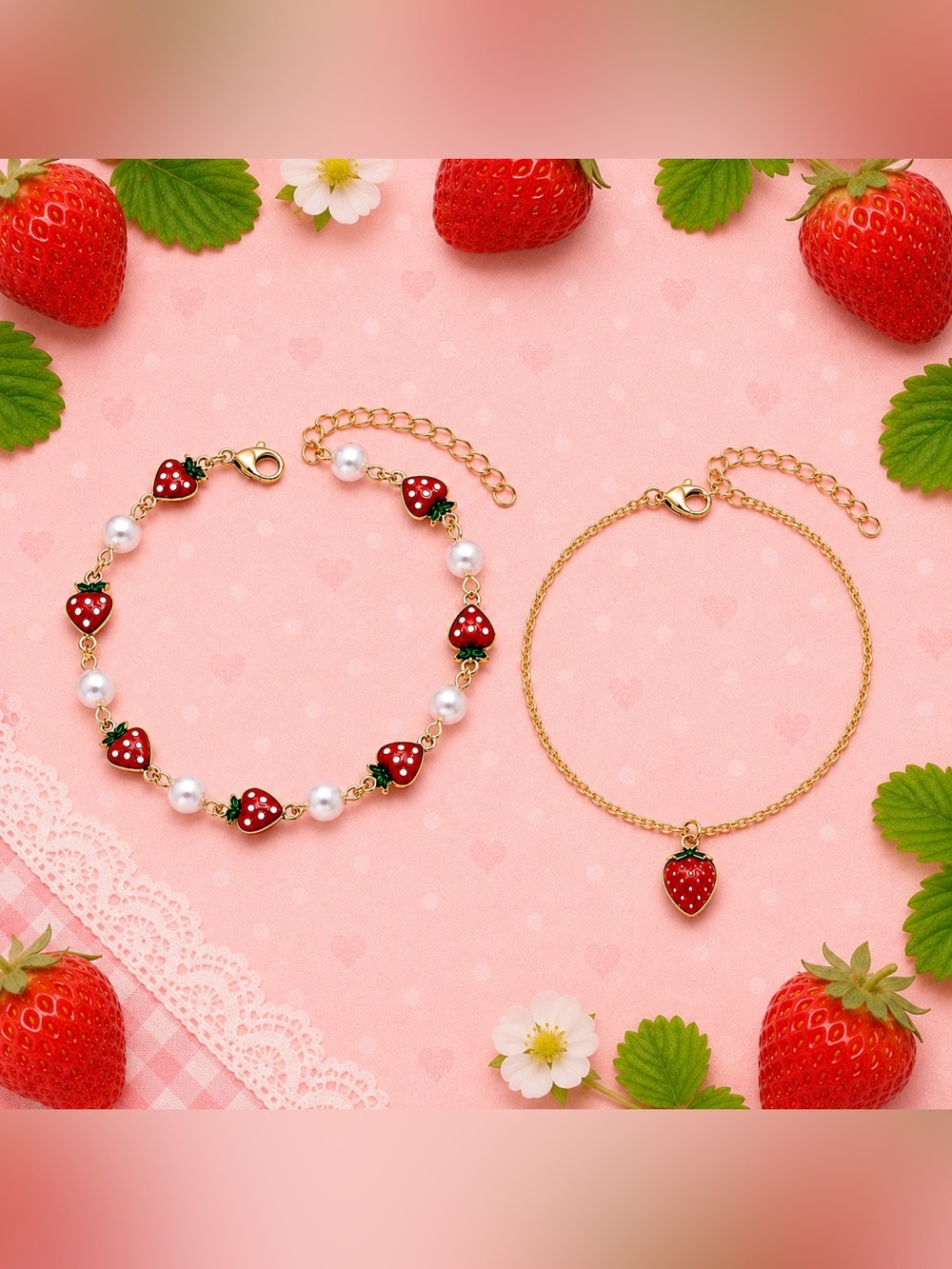 Strawberry Pearl Charm Anklet Set